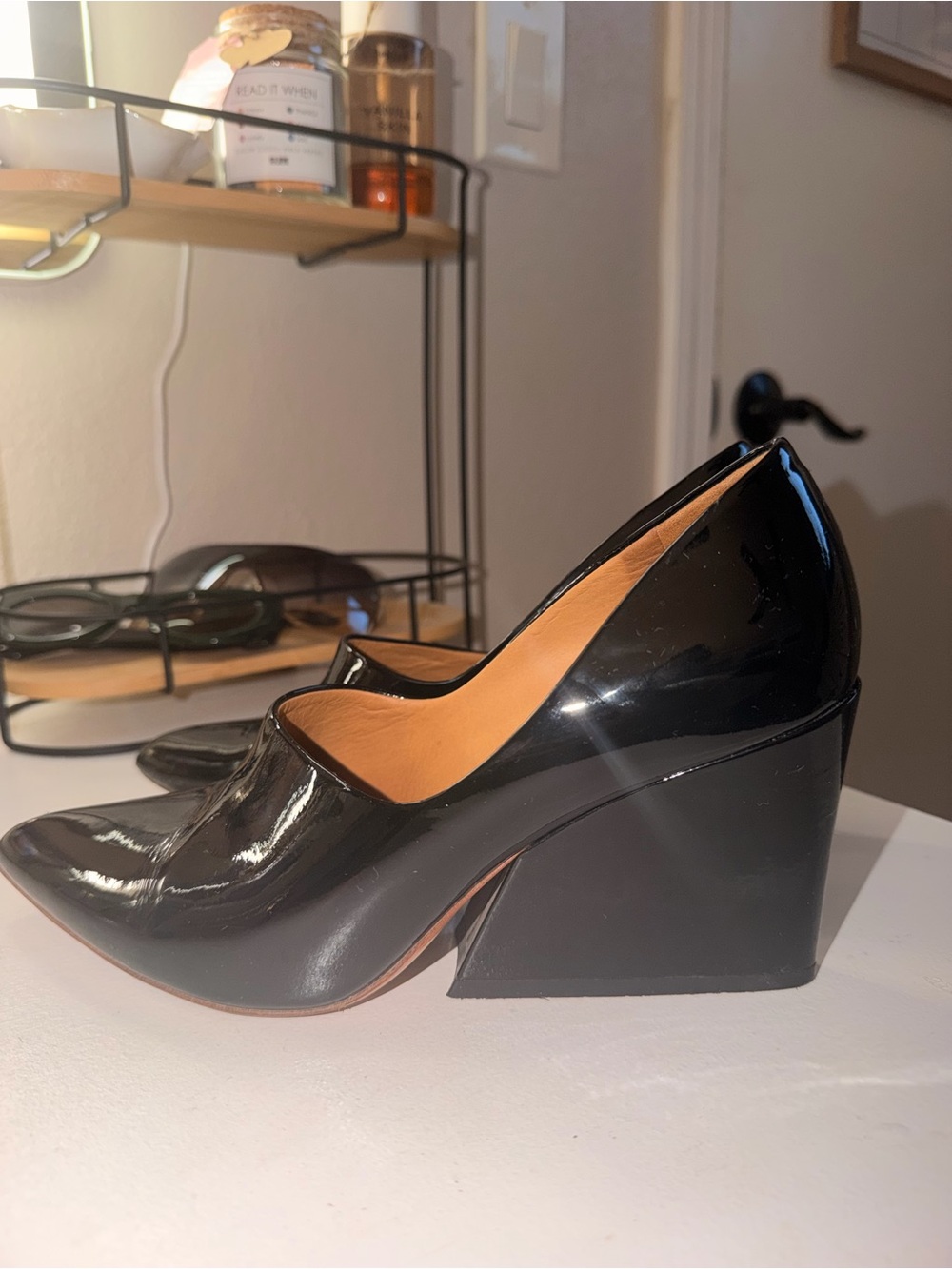Acne Black Patent Leather Block Heel Pumps